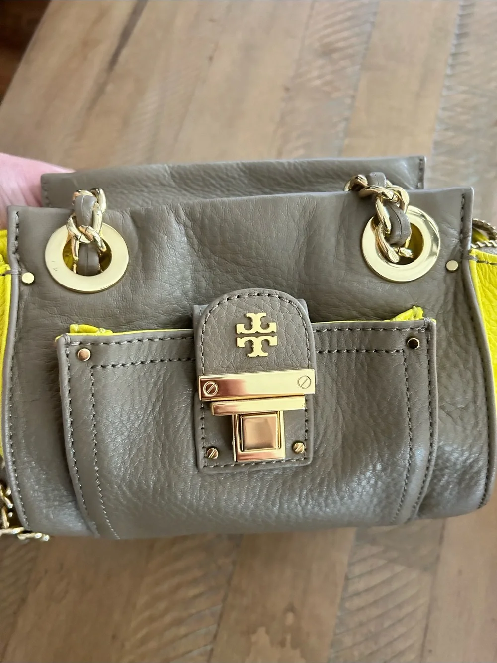 Tory Burch Two-Tone Leather Shoulder Bag in Taupe & Yellow
